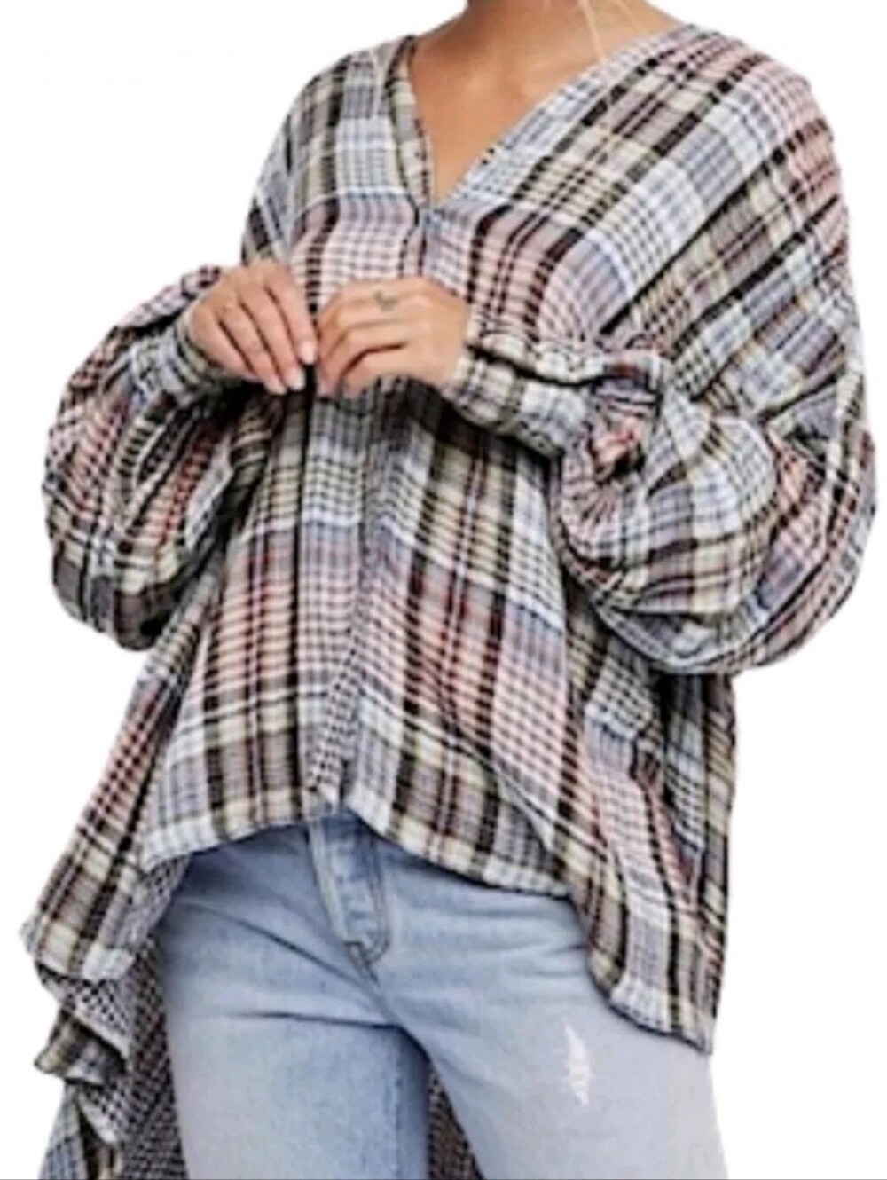 Free People Come On Over Plaid Pleated Oversized Raw Hem Blouse Sz S/P Fall Boho